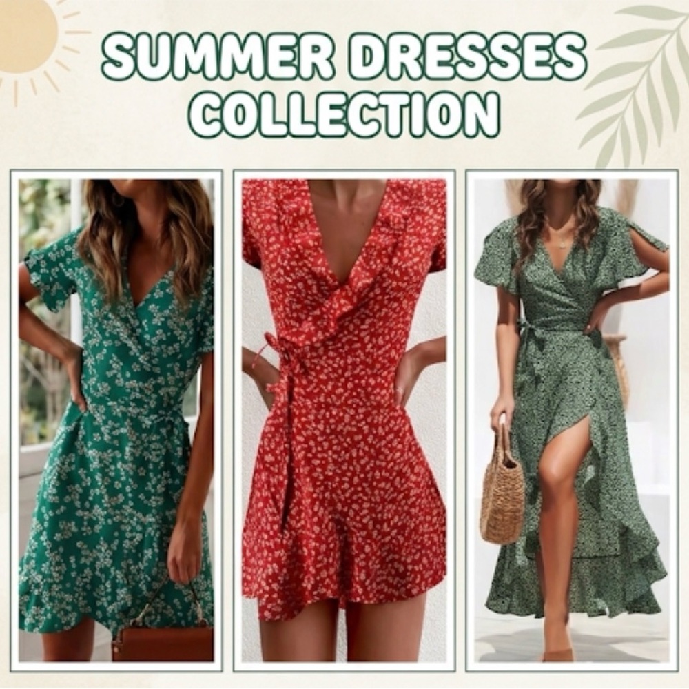 Lot of 3 Floral Wrap Summer Dresses - Red, Green Large